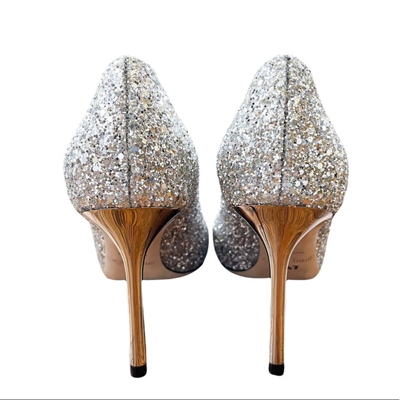 Jimmy Choo Romy 85 Silver Coarse Glitter High Heel Pointed Toe Pumps 37.5 - Picture 5 of 12